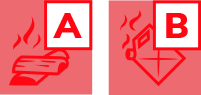 Icon für Brandklasse A (feste Stoffe, die normalerweise unter Glutbildung verbrennen, zum Beispiel Holz, Kohle, Papier, Stroh, Textilien, Autoreifen usw.) und B (Brände flüssiger und flüssig werdender Stoffe, zum Beispiel Benzin, Alkohol, Teer, Wachs)
