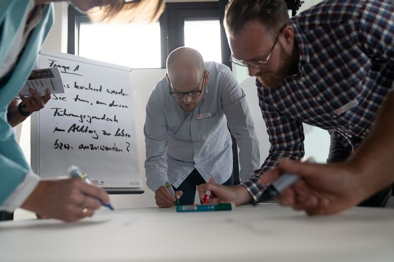 Workshop in einem Büro mit mehrere Mitarbeitern die auf ein whiteboard schreiben